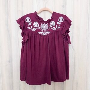 Knox Rose Womens Embroidered Top Size XXL Burgundy Boho Ruffle Peasant Cottage